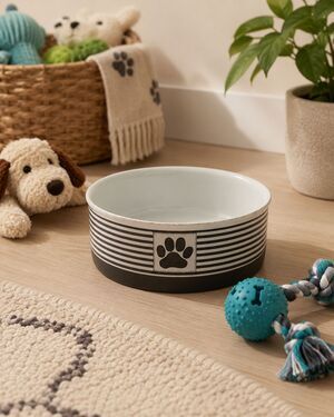 Bone Dry Ceramics Dog Bowl Gray Striped With Paw Print 6" Dish No Slip